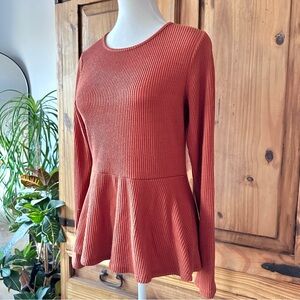 Caution to The Wind Ribbed Long Sleeve Peplum Top Burnt Orange Rust - L
